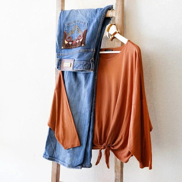 Vintage Lawman Jeans Sz 14/15 Western Bootcut Embroidered Gold Patchwork Arrows - Picture 3 of 12